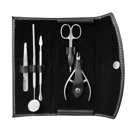 Estojo bolsa preta PVC forrado. pinça obliqua com pente, espelho, empurra cutículas, tesoura cutículas ou unhas e alicate de cutículas. material para funerárias