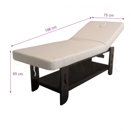 2-body massage bed, hole and hole cover cushion. Has 2 support bars. Fixed in height. cream colour, with inferior shelf