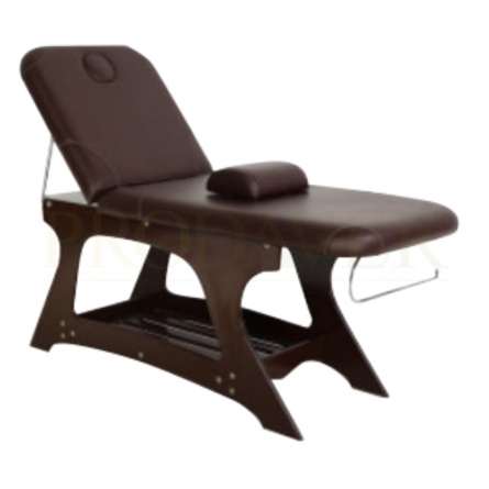 Marquesa madeira dois corpos. Inclinação regulável manual. Contém prateleira na parte inferior, orifício com almofada. Napa cor castanha. suporte rolo.