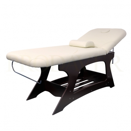 Marquesa madeira dois corpos. Inclinação regulável manual. Contém prateleira na parte inferior, orifício com almofada. Napa cor creme. suporte rolo.