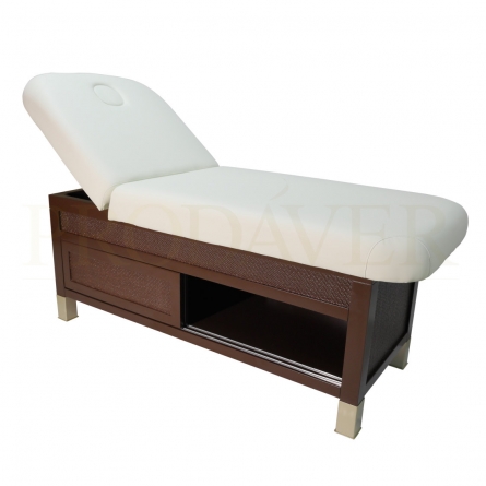 Marquesa thai dois corpos. Inclinação regulável na zona da cabeceira é manual. Contém móvel na parte inferior com portas de correr, orifício com almofada e pés reguláveis. Napa PU, suave, cor creme.