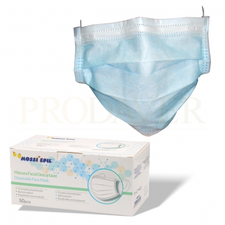 Máscaras faciais 3 dobras e 3 folhas, com eficiência de filtração bacteriana (BFE) > 95%.